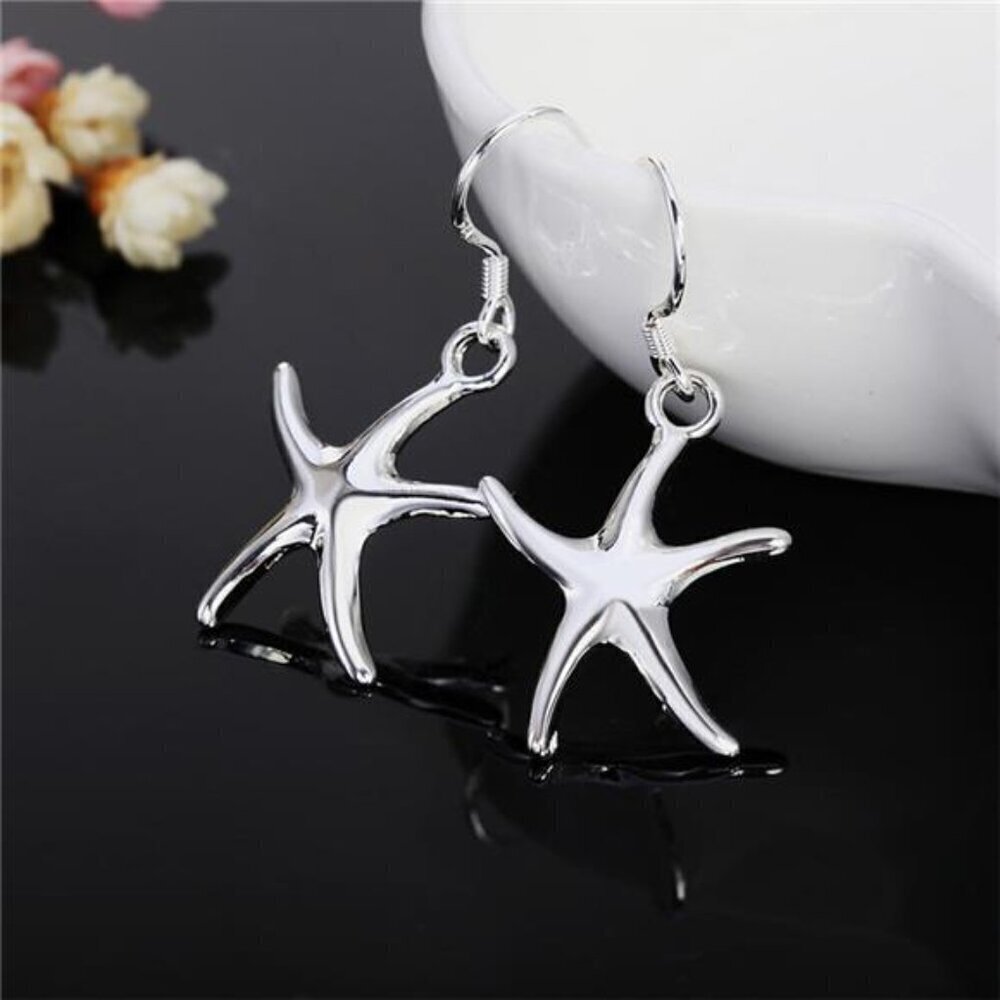 Silver Starfish Earrings 925 Sterling Charm Cute for Women Luxury Fashion Party - Picture 2 of 6